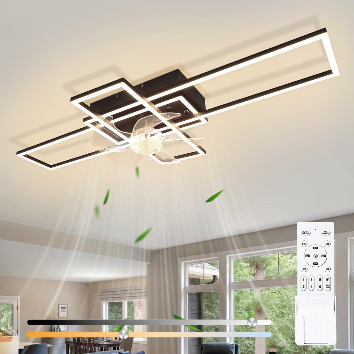 Glitzerlife - Plafond ventilator met verlichting - Dimbaar Led Licht - 6 Snelheden - Omkeerbare Zomer En Winterstand - Stille plafondventilator - Afstandsbediening Timer - Ø94 Cm - Zwart — afbeelding 1