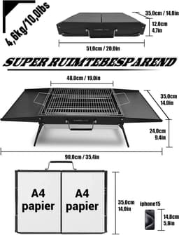 Opvouwbare Draagbare Houtskool Grill 51 x 35 cm - Compacte BBQ voor Camping, Picknicks en Tuinfeesten — thumbnail 3
