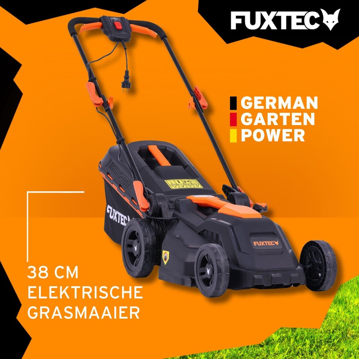 FUXTEC Grasmaaier Elektrisch met Kabel FX-RME38 - 38cm met 40L Grasopvangbak - slechts 12kg - Maaihoogte 20-70mm - 1600Watt & 220V — afbeelding 1