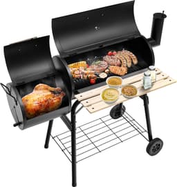 COSTWAY Houtskoolgrill met deksel, grillwagen met wielen, zijvuurbox, zijtafel, plank, houten handgrepen, thermometer, houtskoolgrill voor camping, terras, tuin — thumbnail 1