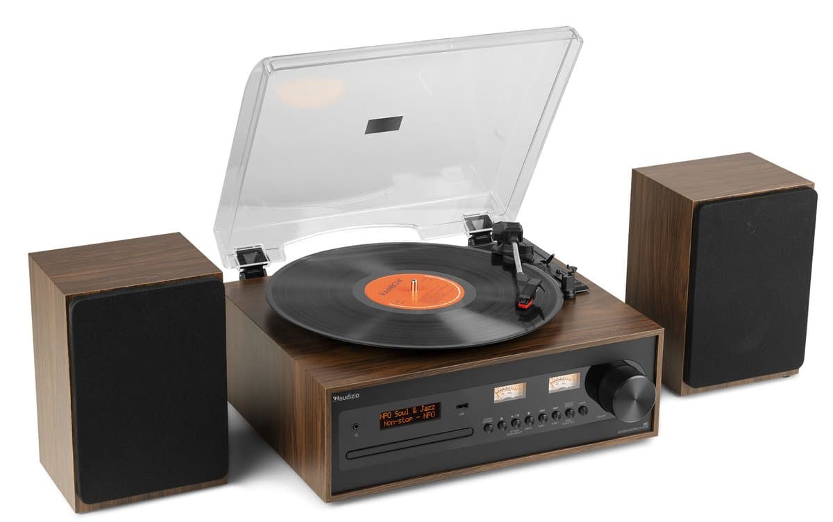 Platenspeler met speakers - Audizio Boston platenspeler Bluetooth, CD speler en DAB radio - Houtlook — afbeelding 1