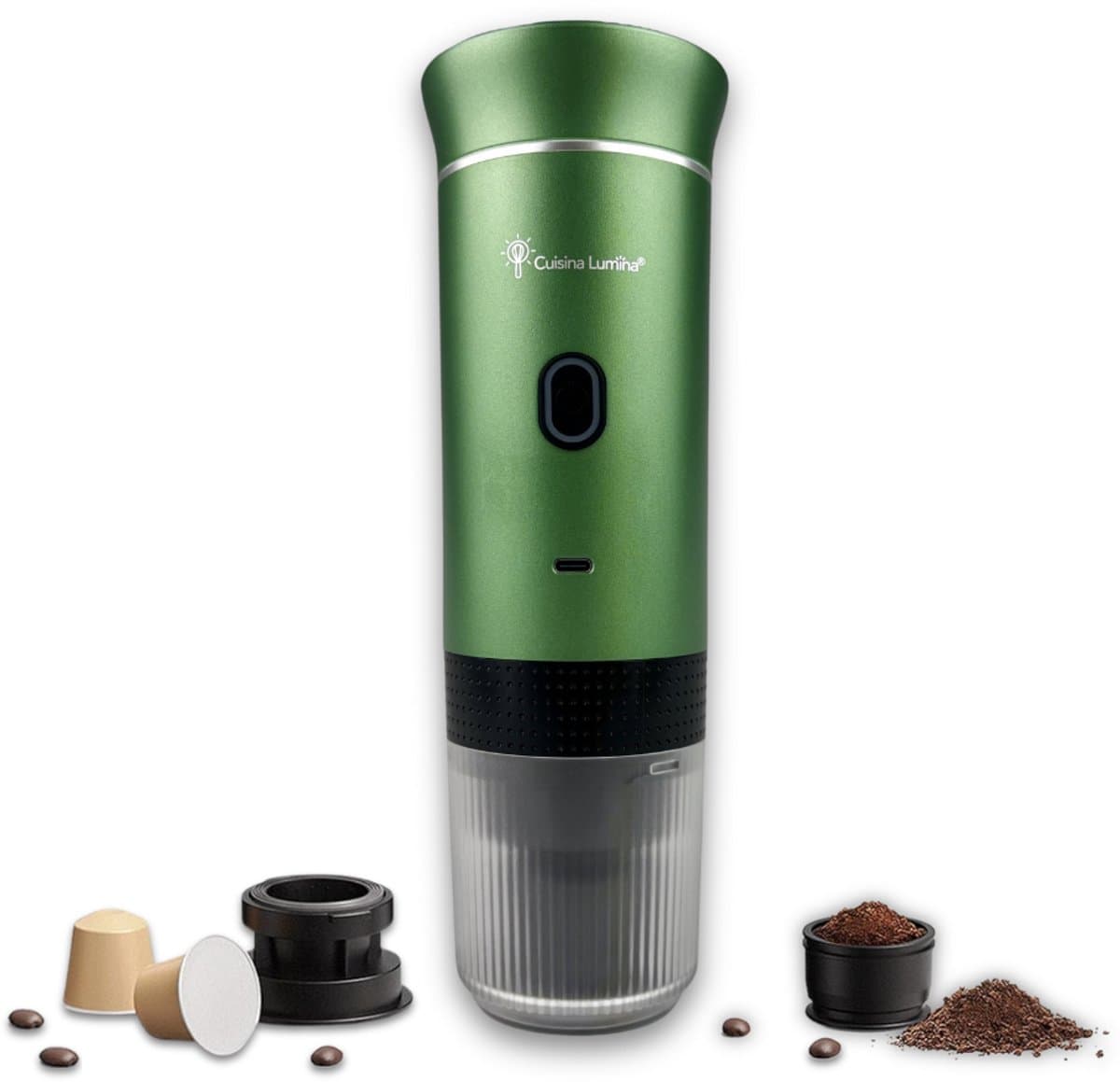 Draagbare koffiemachine - Cuisina Lumina ® - Hoogwaardige kwaliteit - 120 ML - Voor onderweg - Draagbaar koffiezetapparaat - Camping gadget - Oplaadbaar - Verwarmt water - Koffiecups & gemalen koffie - Espresso & Lungo - Matte groen — afbeelding 1