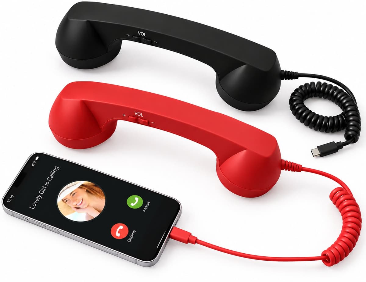 Retro Telefoonhoorn - USB-C Bedrade Handset met Microfoon - Geschikt voor iPhone & Android met USB-C - Vintage Telefoonhoorn voor Bellen, Videogesprekken & Vergaderingen - 2 Stuks - Rood & Zwart — afbeelding 1