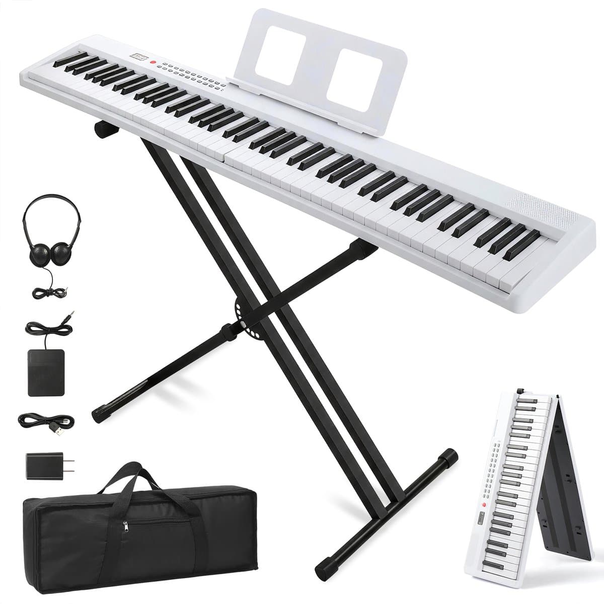 Digitale piano- 88 toetsen - opvouwbaar keyboard - met standaard - MIDI en Bluetooth - wit — afbeelding 1