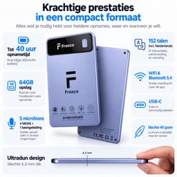 Frasco AI Voice Recorder Pro - Spraakrecorder naar Tekst in 152 Talen incl. Nederlands - 64GB Opslag - 40 Uur Opnametijd - Dictafoon voor Vergaderingen, Colleges & Interviews - Incl. Magnetische Hoes — thumbnail 3
