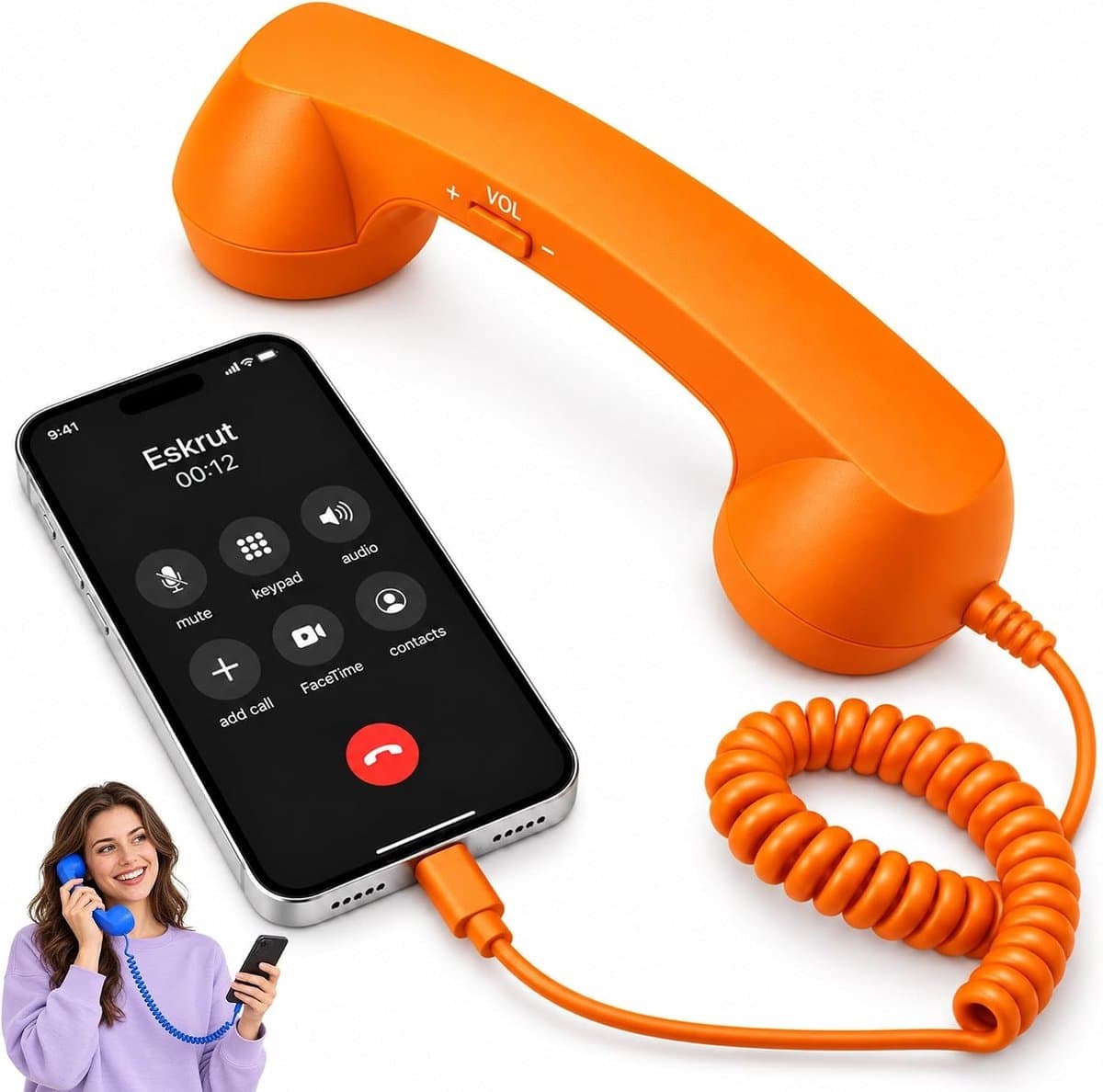 Retro Telefoonhoorn - Geschikt voor Smartphones met USB-C - Bedrade Vintage Handset - Plug & Play - Met Microfoon & Luidspreker - Voor Bellen, Videobellen & Thuiswerk - Oranje — afbeelding 1