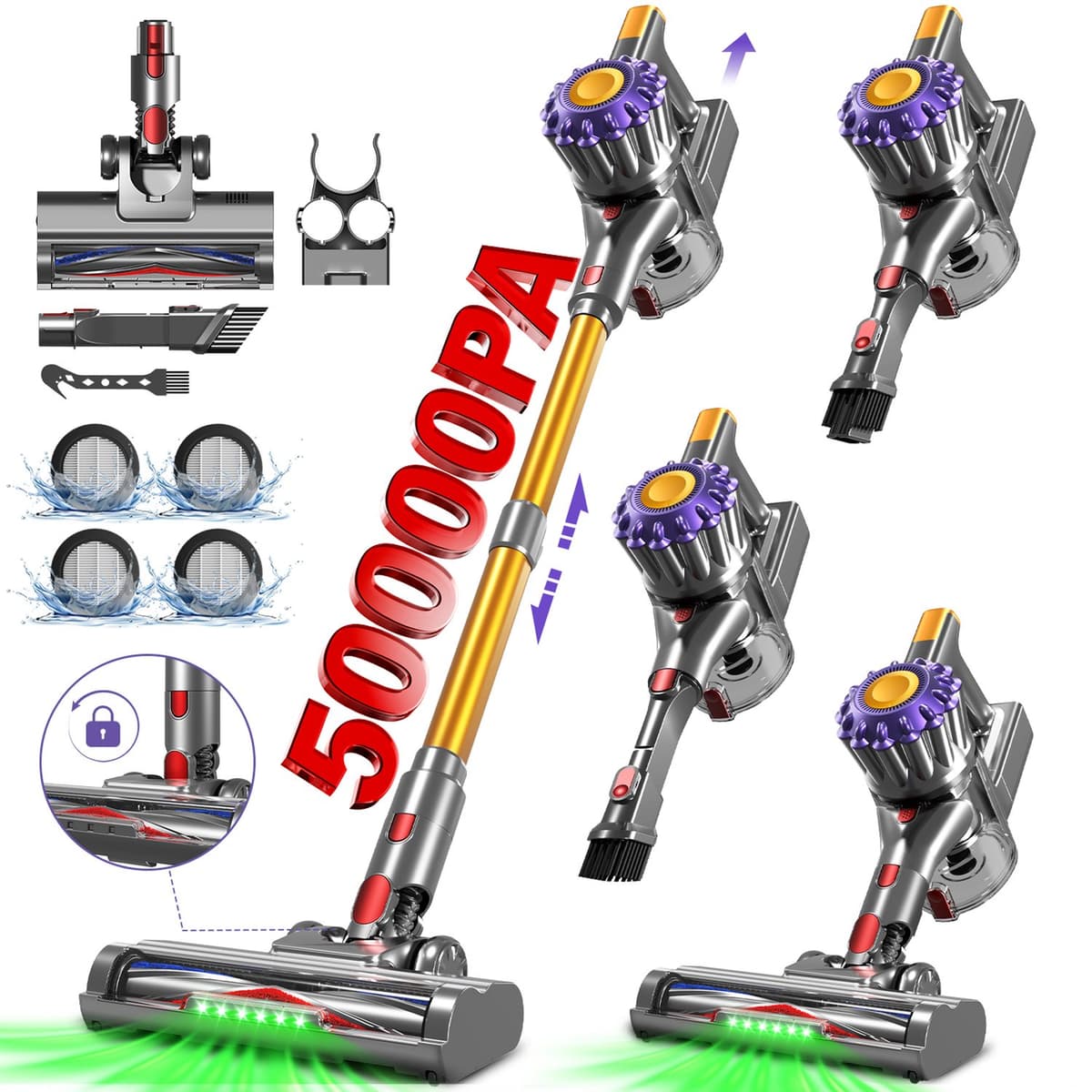 Adormii Steelstofzuiger Draadloos – 50000Pa Sterke Zuigkracht – 60 Min Accuduur – Anti-haarwikkel Vloerborstel – 4 HEPA-filters – 1,6 L Stofreservoir – Groene LED Stofdetectieverlichting – Goud — afbeelding 1