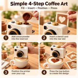 Koffie Printer - 3D Latte Art Maker - Cappuccino Sjabloon - Retro Camera Poederverdeler - Geprint (9.5x9.5x12 cm) - 4 Sjablonen (Cupcake, Croissant, Roos & Latte Art) - Geschikt voor Koffie & Taart - Groen — thumbnail 4