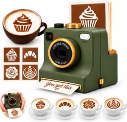 Koffie Printer - 3D Latte Art Maker - Cappuccino Sjabloon - Retro Camera Poederverdeler - Geprint (9.5x9.5x12 cm) - 4 Sjablonen (Cupcake, Croissant, Roos & Latte Art) - Geschikt voor Koffie & Taart - Groen — thumbnail 1
