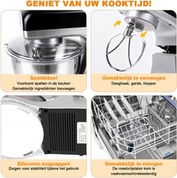 KITYTETY Keukenmixer 1000W - 5L Mengkom - 8 Snelheden - Pulse functie - Keukenmachine - Keukenrobot - Drie Opzetstukken - Zilver — thumbnail 2