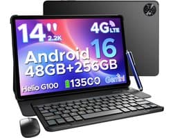 Doogee TAB E3 Max VIP - Tablet - 48 GB RAM + 256 GB ROM /TF 2TB - MTK Helio G100 - 14 inth Ips - Android 16 - 13500mAh - 4G LTE - 5G WLAN - Vier luidsprekers - GPS - Zwart