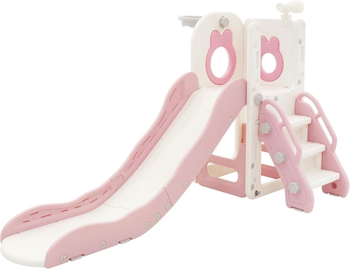 3-in-1 kinderslide kunststof wit-roze speeltoren set voor indoor outdoor glijbaan basketbalring speeltoestel tuinslide peuterslide babyslide vanaf 3 jaar kindvriendelijk glijbaan speelplezier — afbeelding 1