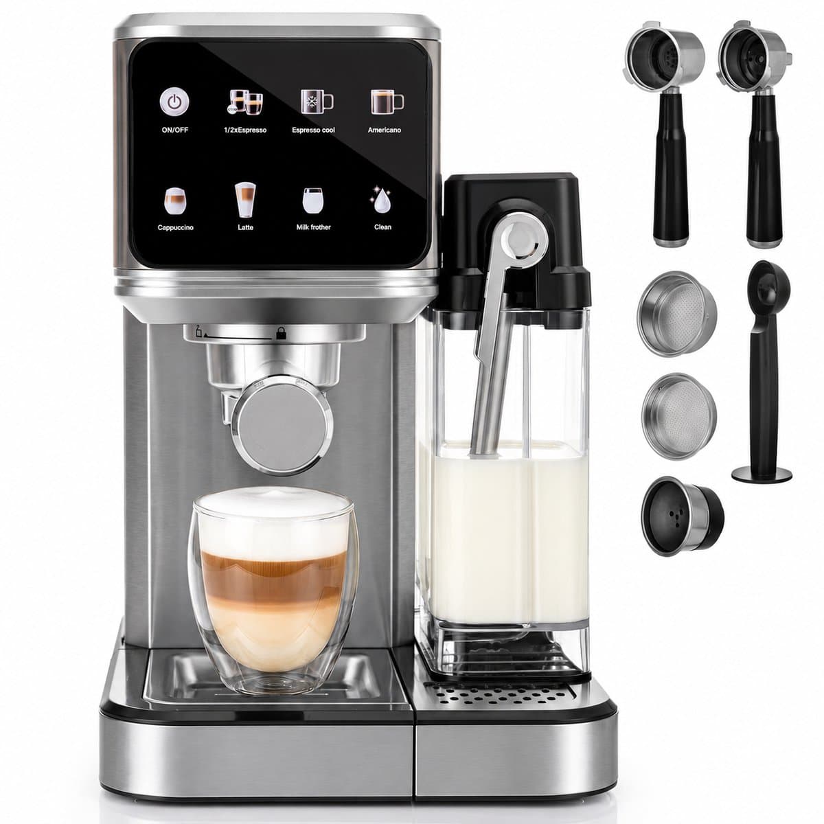 Espressomachine – 20 Bar – 2-in-1 Gemalen Koffie en Capsules – Automatische Melkopschuimer – 1350 W – 1,2 L — afbeelding 1