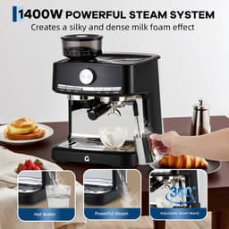 Kunststof Espressomachine met Bonenmaler en Porthouder - Melkopschuimer - 42x40x48cm - Halfautomatische Koffiemachine - 20 Bar Druk - 1.5L Watertank - Zwart — thumbnail 5