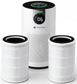 AtmosPure® CleanAir Luchtreiniger - Air Purifier met vervangbaar HEPA 13 Koolstof filter + Extra filter - CADR 250 m³/h - Wit - Voor 98 m² - Werkt tegen huisstofmijt, hooikoorts, allergie, -3 standen + stille slaapstand - Luchtkwaliteit Sensor — thumbnail 1