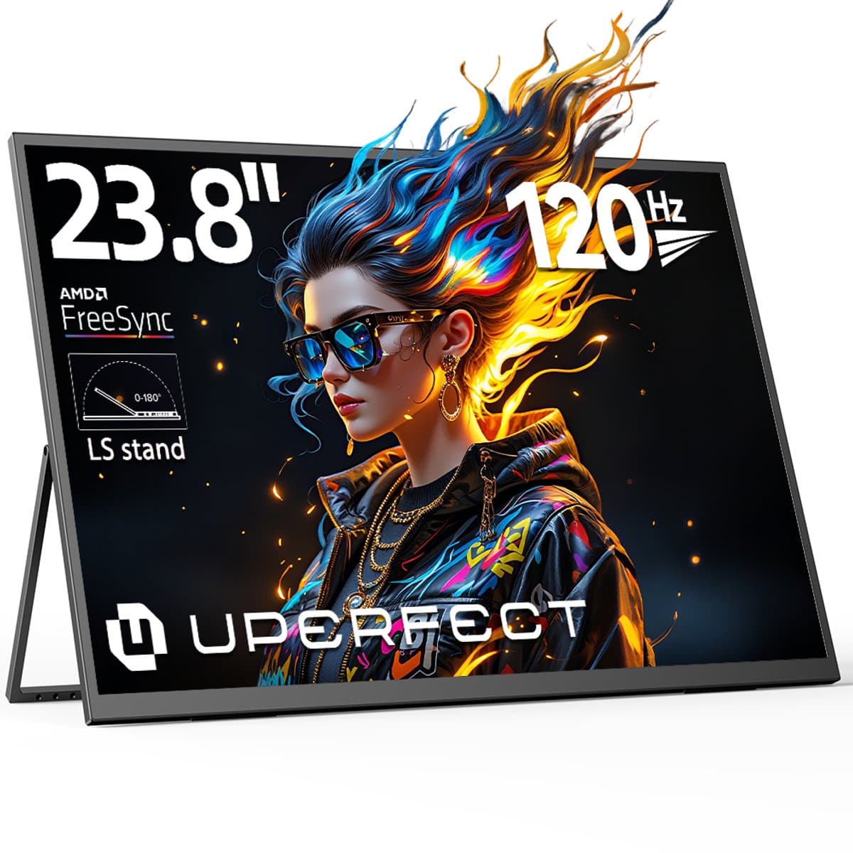 UPERFECT 23,8-inch draagbare monitor, 120 Hz, 1920x1080 FHD IPS, USB-C- en HDMI-poort, tweede scherm met geïntegreerde standaard voor laptop/telefoon/spelconsole, VESA-montage mogelijk — afbeelding 1