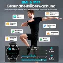 FOSMET Smartwatch Heren en Dames - Horloge Heren - 1,74 inch - AMOLED Scherm - 5ATM Waterdicht - 150+ Sportmodi - Waterdicht - Stappenteller - Hartslagmeter - Slaapmonitor - Belfunctie - Geschikt voor Android en IOS-Elke pols - Zwart — thumbnail 3