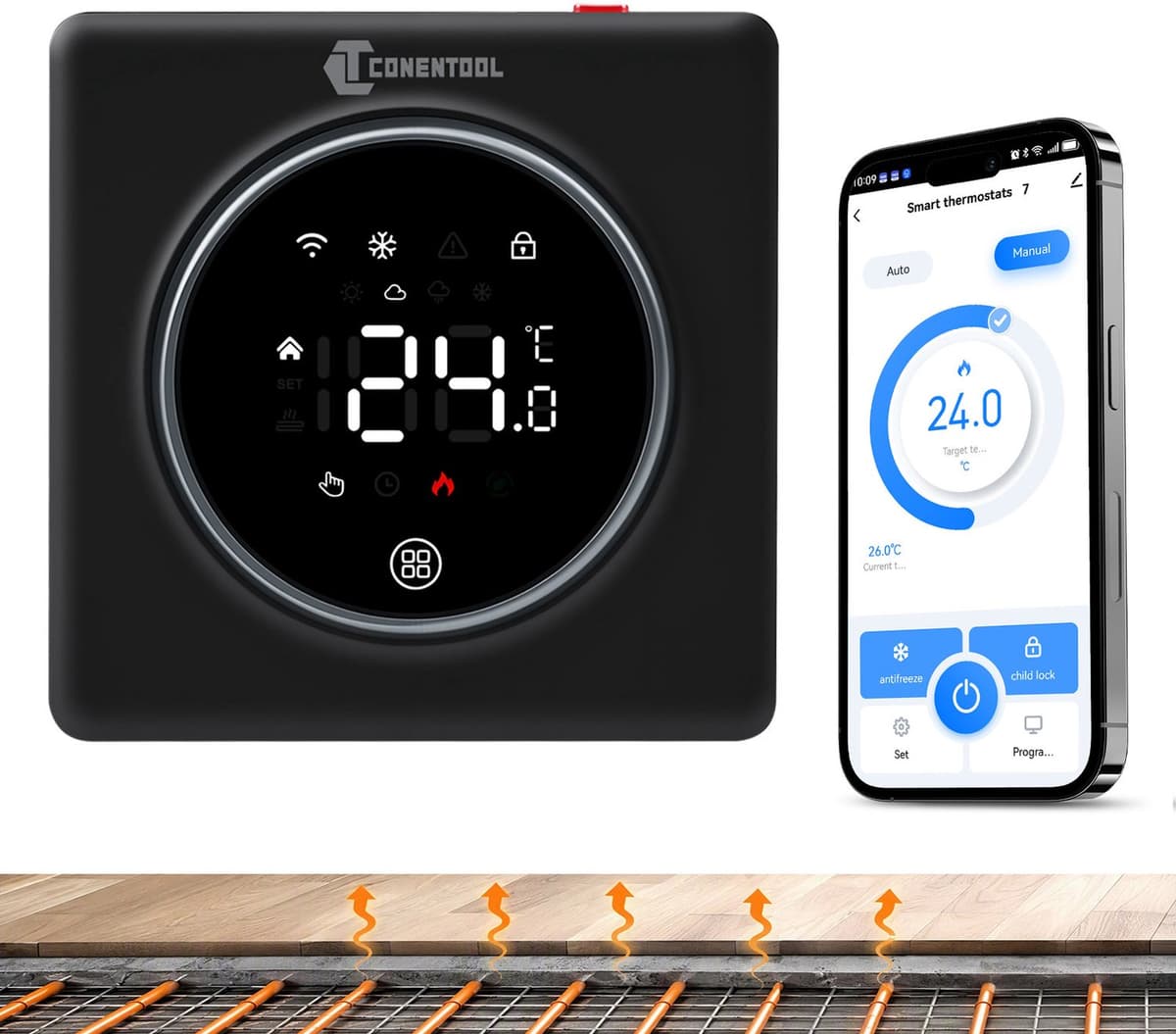CONENTOOL WiFi Slimme Thermostaat - elektrische vloerverwarming - App & spraakbesturing - zwart - 16A — afbeelding 1