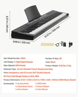 VEVOR Digitale Piano 88 Toetsen, Semi-Gewogen, Elektrisch Keyboard, Geschikt voor Beginners en Gevorderden, 128 Klanken en Ritmes, HiFi Stereoluidsprekers, Pedaal, Lessenaar, USB/MIDI — thumbnail 3