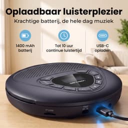 Sencision Draagbare CD Speler met Bluetooth 5.1 - Discman - CD Speler met Speakers - USB-C Oplaadbaar - Anti-Shock - Oordopjes en Opberghoes - Zwart — thumbnail 3