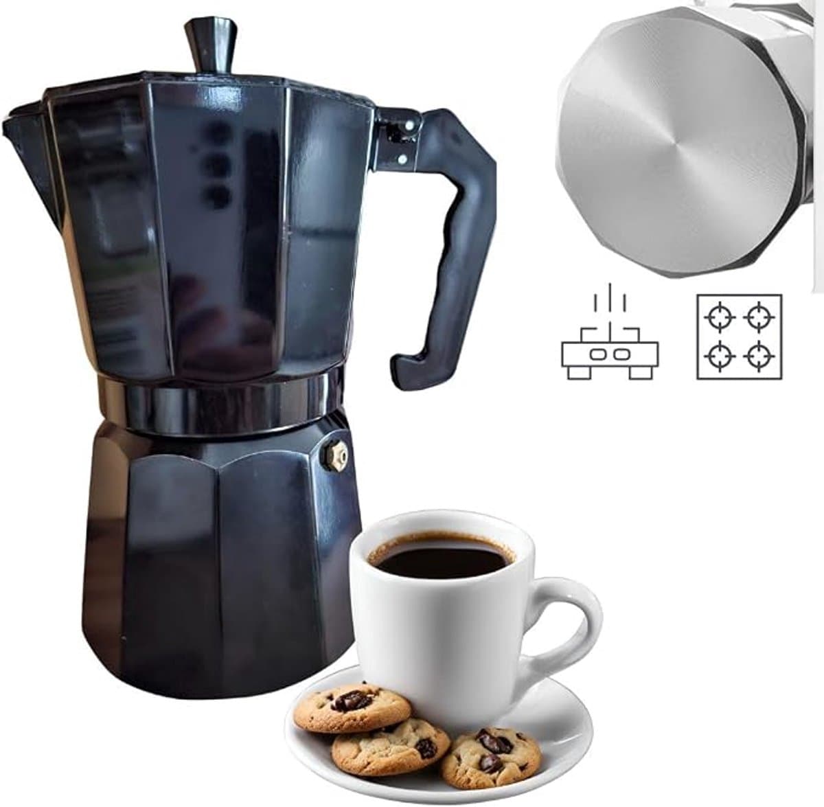 Lifestyleboss Zwarte Moka koffie percolator 300 ml, 6 kopjes, klassieke espressokan -aluminium voor alle warmtebronnen behalve inductie - Italiaans koffiegenot — afbeelding 1