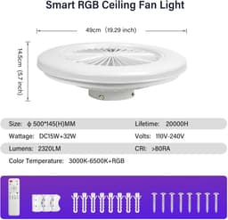 RGB Plafondventilator met verlichting 49CM - Ventilator met LED verlichting - Dimbaar met afstandbediening - Wit — thumbnail 4
