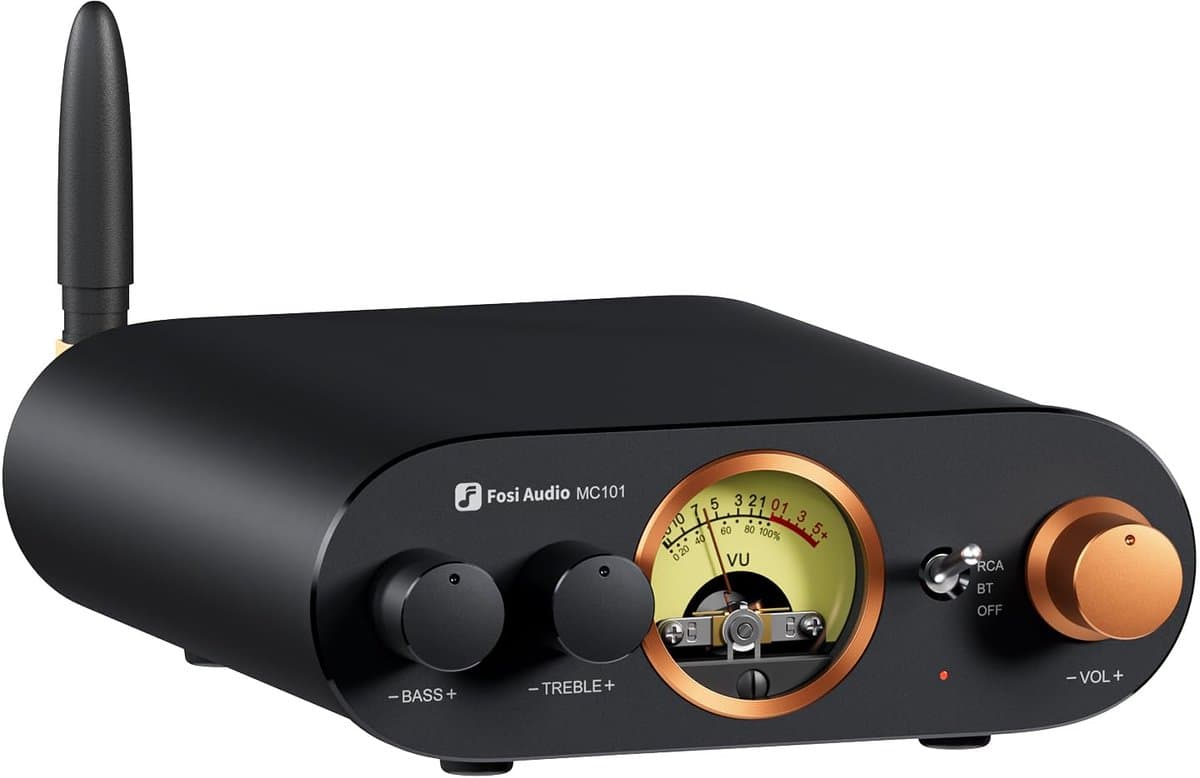 Fosi Audio MC101 – Bluetooth Stereo Versterker met VU-meter – 2×100W – RCA – Bas & Treble regeling – Aluminium — afbeelding 1
