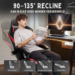 Lexorion Gaming Stoel – Ergonomische Gaming Chair – Inclusief RGB Gamingmuis – Verstelbaar – Lederen Gamestoel – 136 kg – Rood– Bureaustoel — thumbnail 4