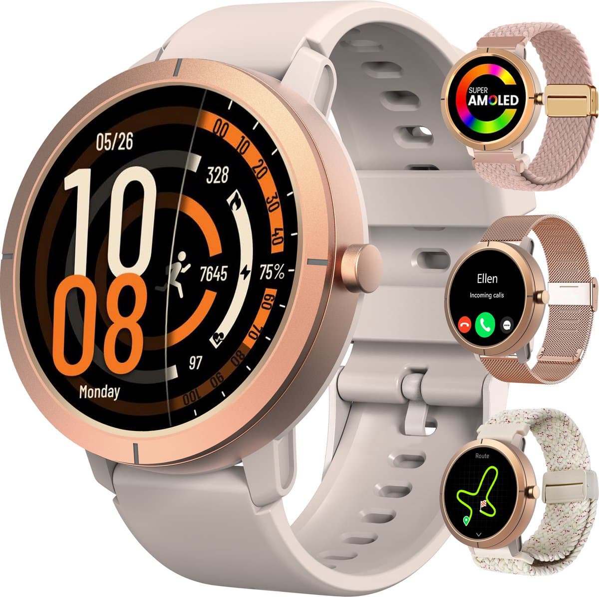 Synyq Evo Pro - GPS Smartwatch - 4 Bandjes - 42mm - AMOLED - 5ATM Waterdicht - Stappenteller - Hartslagmeter - Slaapmonitor - Multisport - Belfunctie - Bluetooth Smartwatch voor Dames en Heren - iOS & Android - Rosé Goud — afbeelding 1
