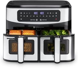 KitchenBrothers Dubbele Airfryer - PFAS-Vrij - 2400W - Dual Zone - 9L - Heteluchtfriteuse - Airfryer XXL - 2 x 4.5L - 10 Kookprogramma's - RVS/Zwart — thumbnail 1
