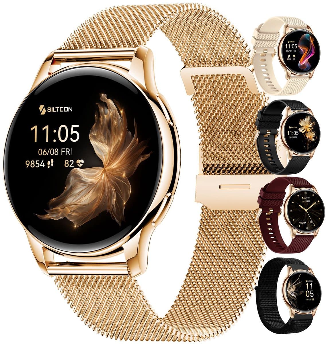 Siltcon® Auréa Smartwatch Dames - Horloge Dames - Stappenteller Horloge Dames - Sporthorloge Dames - Hartslagmeter - Slaapmonitor - Saturatiemeter - Geschikt voor iOS/Android - AMOLED - RVS - Elke pols - Incl. 5 Bandjes — afbeelding 1