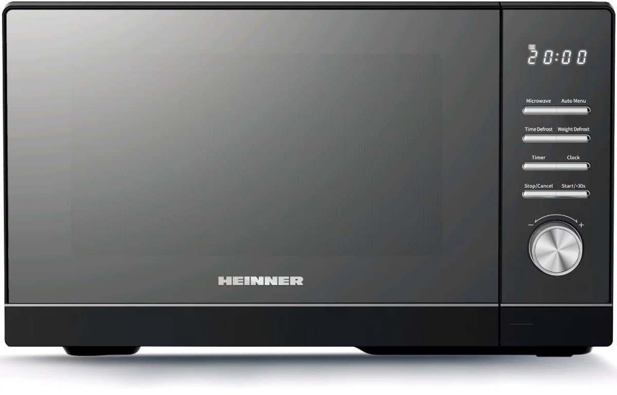 Heinner Vrijstaand Magnetron 25L – 800 W – 5 Vermogensniveaus – 8 Automatische Programma’s – Ontdooifunctie – Timer – Spiegelglas – Zwart — afbeelding 1