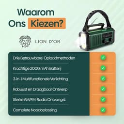 Lion D'or® - Noodradio - 10.000mAH Batterij - Noodradio Solar Opwindbaar - USBC Oplaadbaar - Powerbank - Noodpakket - Noodrantsoen - Draagbare Radio - Groen — thumbnail 3