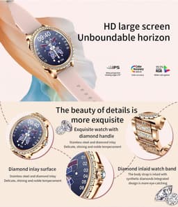 Stijl Ontmoet Slimheid: Knobbout 1.32” Scherm Roségouden Smartwatch met Diamanten – Voor Vrouwen die Stralen! Bluetooth Bellen, Gezondheidstracker & AI Assistent- Roségouden talen band met kristallen + extra siliconen band — thumbnail 2
