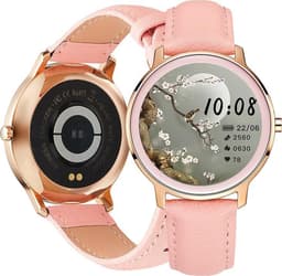 Belesy® VENUS - Smartwatch Dames - Horloge - 1.1 inch - Kleurenscherm - Stappenteller - Bloeddruk - Hartslag - Maak je eigen wijzerplaat – Goud – Leer - Roze - Moederdag — thumbnail 3