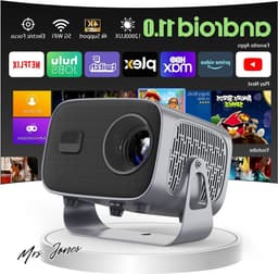 Mrs. Jones 360° draaibare mini-beamer 1080p Android 11.0 wandprojector met luidspreker Netflix auto-focus 2 + 16 GB tv-beamer bluetooth - krachtige projectie . — thumbnail 1