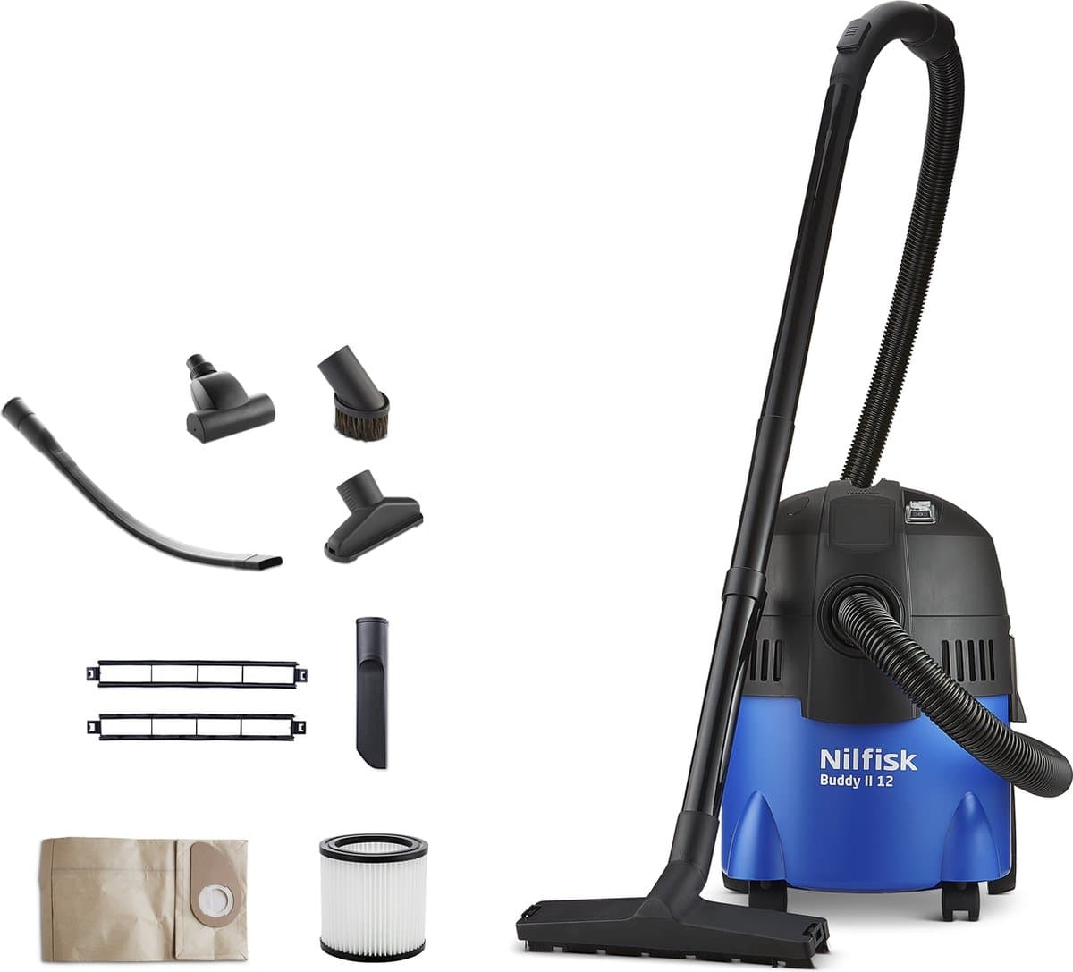 Nilfisk Buddy 12 Car Clean Edition – Krachtige nat- en droogstofzuiger met 1200W motor, 12L, 250W blaasfunctie & accessoires voor perfect auto-onderhoud, Cilinderstofzuiger — afbeelding 1