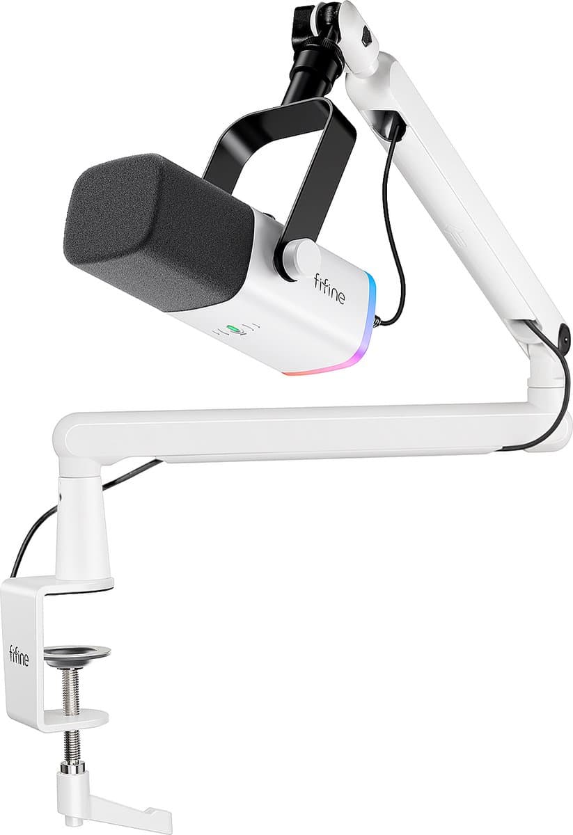 FIFINE - TAM8 - USB / XLR Studio microfoon - Flexibele Arm ( BM88 ) - Met kabelgoot - Geschikt voor PC/PS4/PS5 - RGB - Podcast - Gaming - Streaming - Wit — afbeelding 1