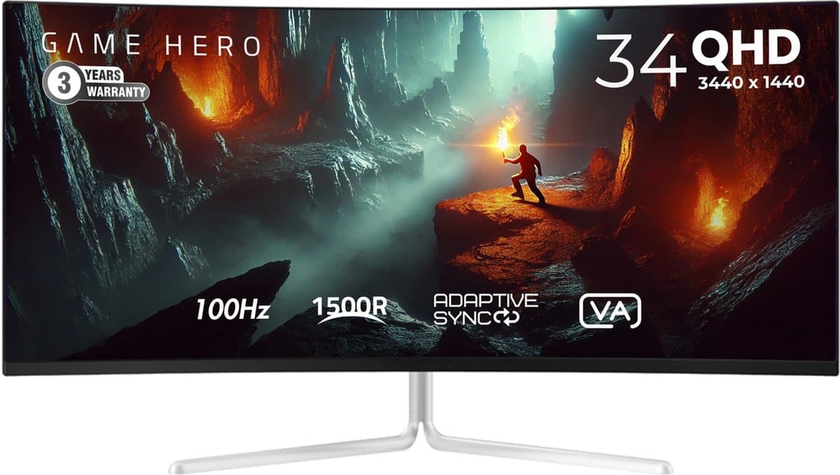 GAME HERO® 34 inch Ultrawide Curved Gaming Monitor Wit - 100 Hz — afbeelding 1