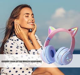 Koptelefoon Kinderen - headset draadloos - LED verlicht - kat - kattenoortjes - opvouwbaar - bluetooth - 10 uur batterijleven - Roze — thumbnail 3