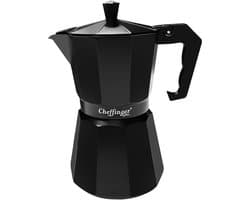 Cheffinger, Italiaanse Koffiezetapparaat 320ml 6 Kopjes van Aluminium met Ergonomisch Handvat, Zwart