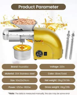 Elektrische Oliepers - Oliepersmachine - 1800W - 0-300°C - Heet & Koud Persen - 6-9 kg/u - Voor Noten, Pinda's, Sesam & Amandelen - Goud — thumbnail 2