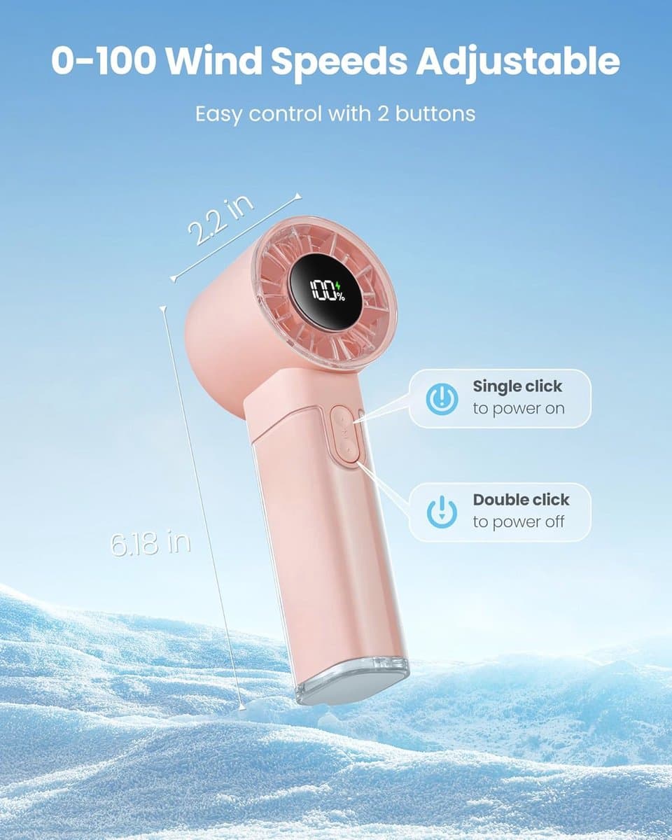 Gaiatop Draagbare handheld turbo-ventilator, 1-100 instelbare hoge snelheden, 3-20 uur koeltijden, 4800 mAh USB oplaadbare draagbare kleine handventilatoren met sleutelkoord voor buiten, reizen, thuis — afbeelding 1