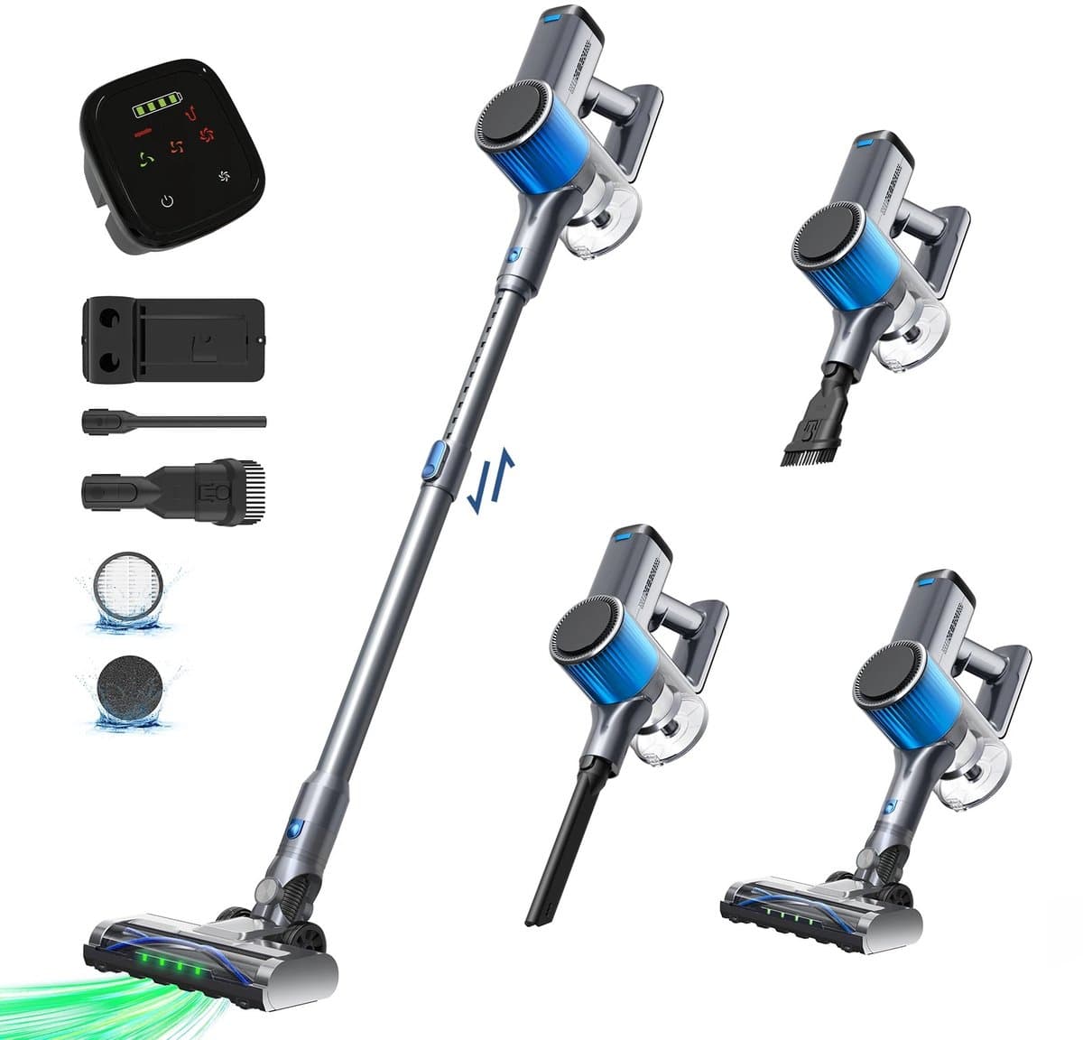 Novendo Goods - Steelstofzuiger 600W Draadloos - Draadloze stofzuiger - HEPA Filter - Zonder zak - 65 KPA Zuigkracht - Zelfstaand - LED verlichting - Licht grijs — afbeelding 1