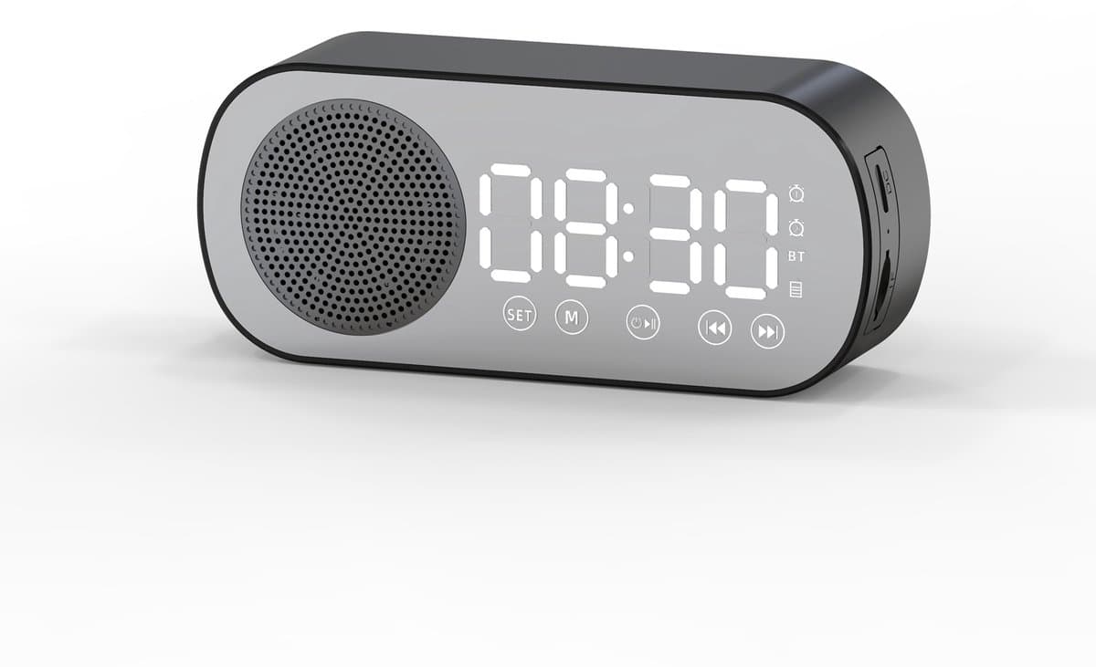 Bluetooth speaker wekker - met LED spiegeldisplay, radio, weersvoorspelling - twee alarmen met hoog volume, geschikt voor diepe slapers - zwart — afbeelding 1