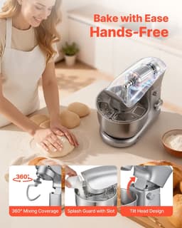Keukenmachine - Keukenmixer/Deegmixer - Vermogen 1500 W - RVS Kom 4,2 L - 10 Snelheden - Kantelbare Kop - Met Deeghaak, Klopper en Garde — thumbnail 5
