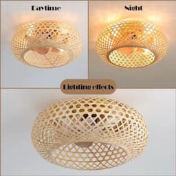 Bamboe Lampenkap Plafondventilator met Verlichting en Afstandsbediening - Stil Plafondlicht met 6 Snelheden en Omkeerbare Rotatie - Rieten Hanglamp voor Slaapkamer, Woonkamer en Keuken — thumbnail 4