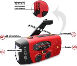 AFINTEK Noodradio Solar - 2000mAh Powerbank - LED Zaklamp - Opwindbaar via Handcrank & Zonne-energie - AM/FM - Voor Noodpakket & Camping - Rood — thumbnail 2