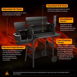 Houtskoolbarbecue met Smoker, 2-Kamer BBQ-wagen met Wielen, Rookbarbecue voor Vlees en Vis, Zwart — thumbnail 3