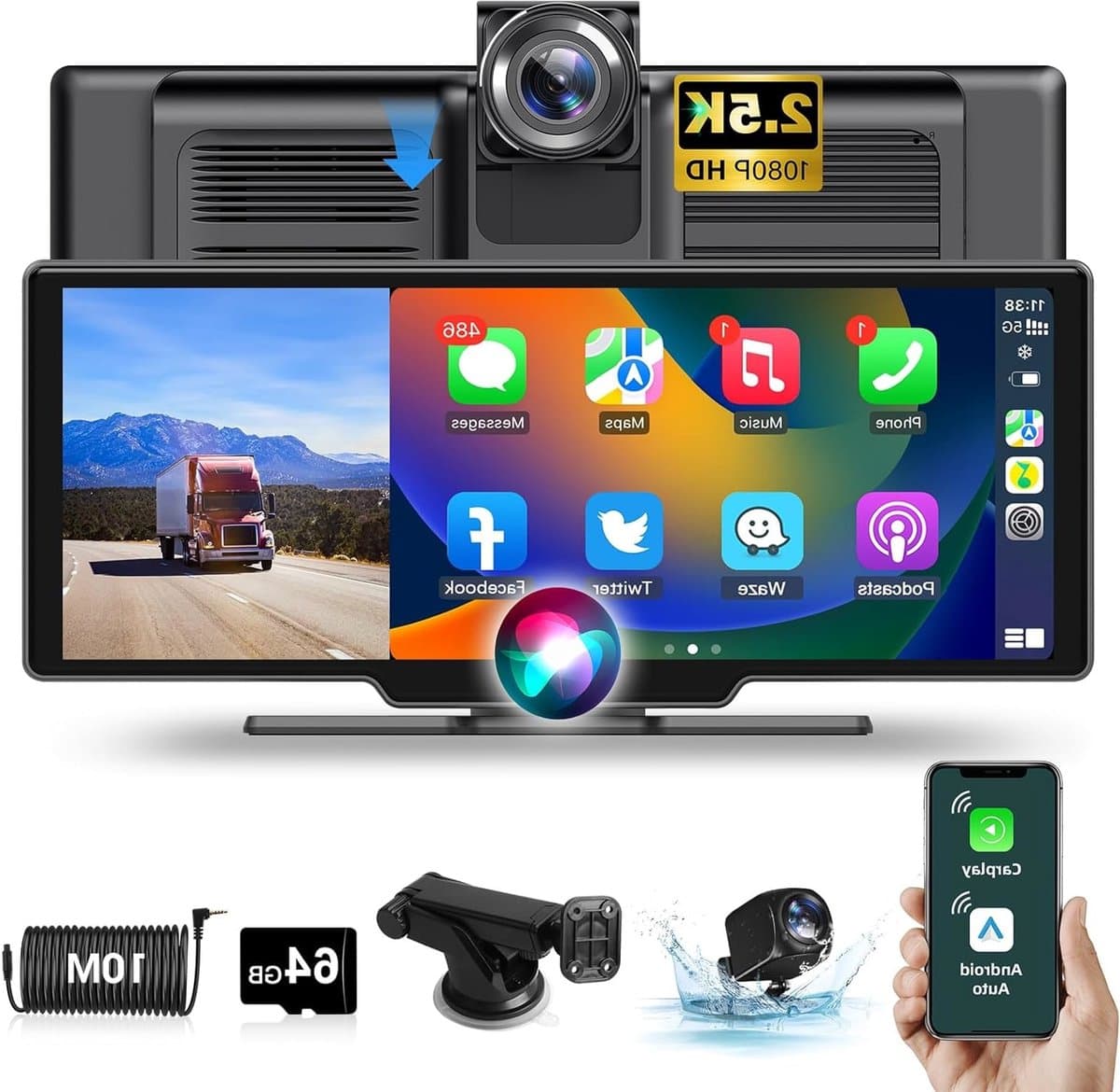 Draadloos Apple Carplay Display – Android Auto Scherm – Auto Infotainmentsysteem – Touchscreen Navigatie – Dashcam Voor en Achter – 10,26 Inch HD IPS – 2,5K Frontcamera & 1080p Achteruitrijcamera – Bluetooth 5.0 & 64GB TF-kaart — afbeelding 1